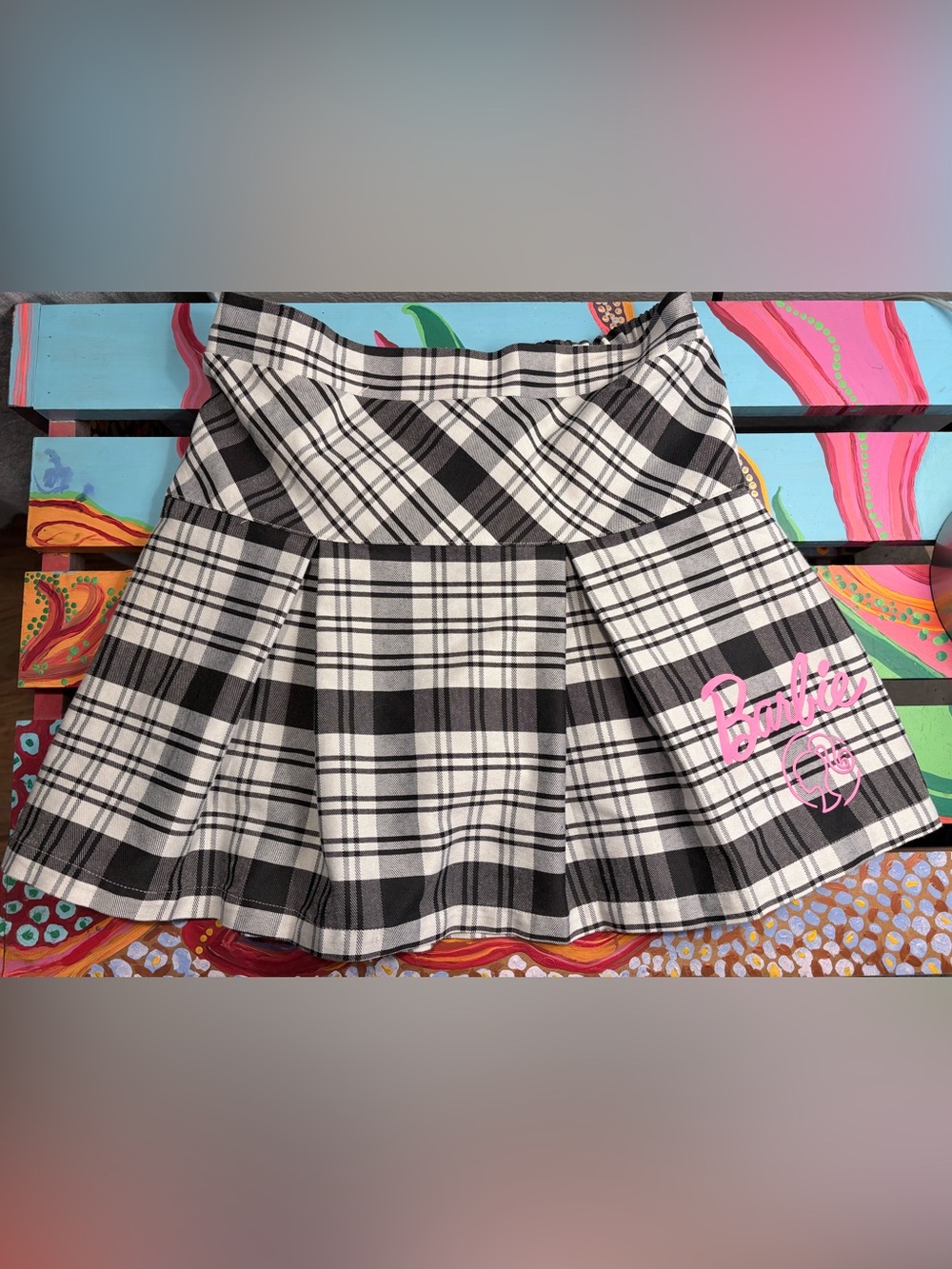 Girls Barbie Black and White Plaid Pleated Skort with Pink Barbie Logo Size XL